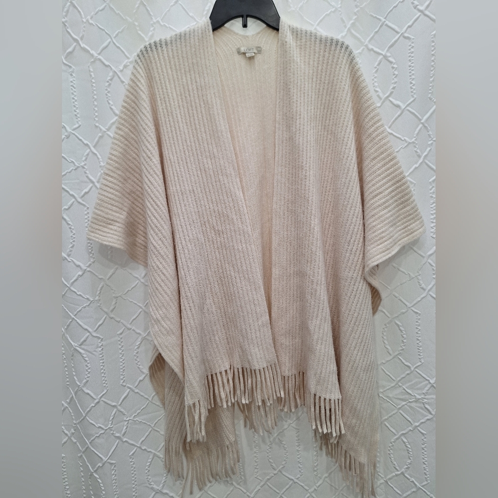 LOFT Ivory Cream Ribbed Fringe Poncho Sweater Shawl Cape One Size